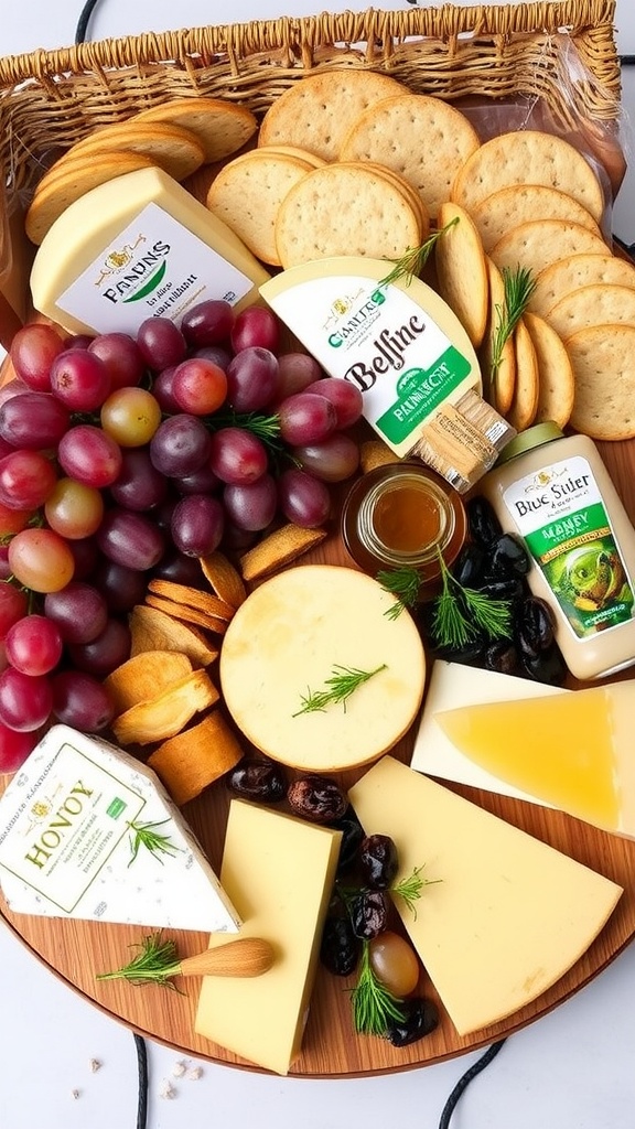 A gourmet cheese hamper with assorted cheeses, fruits, crackers, and honey, elegantly arranged in a rustic setting.